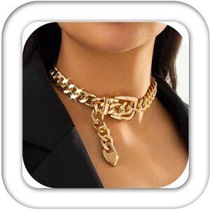 Gold Belt Buckle Choker Necklace Punk Cuban Chunky Choker Necklaces Vintage